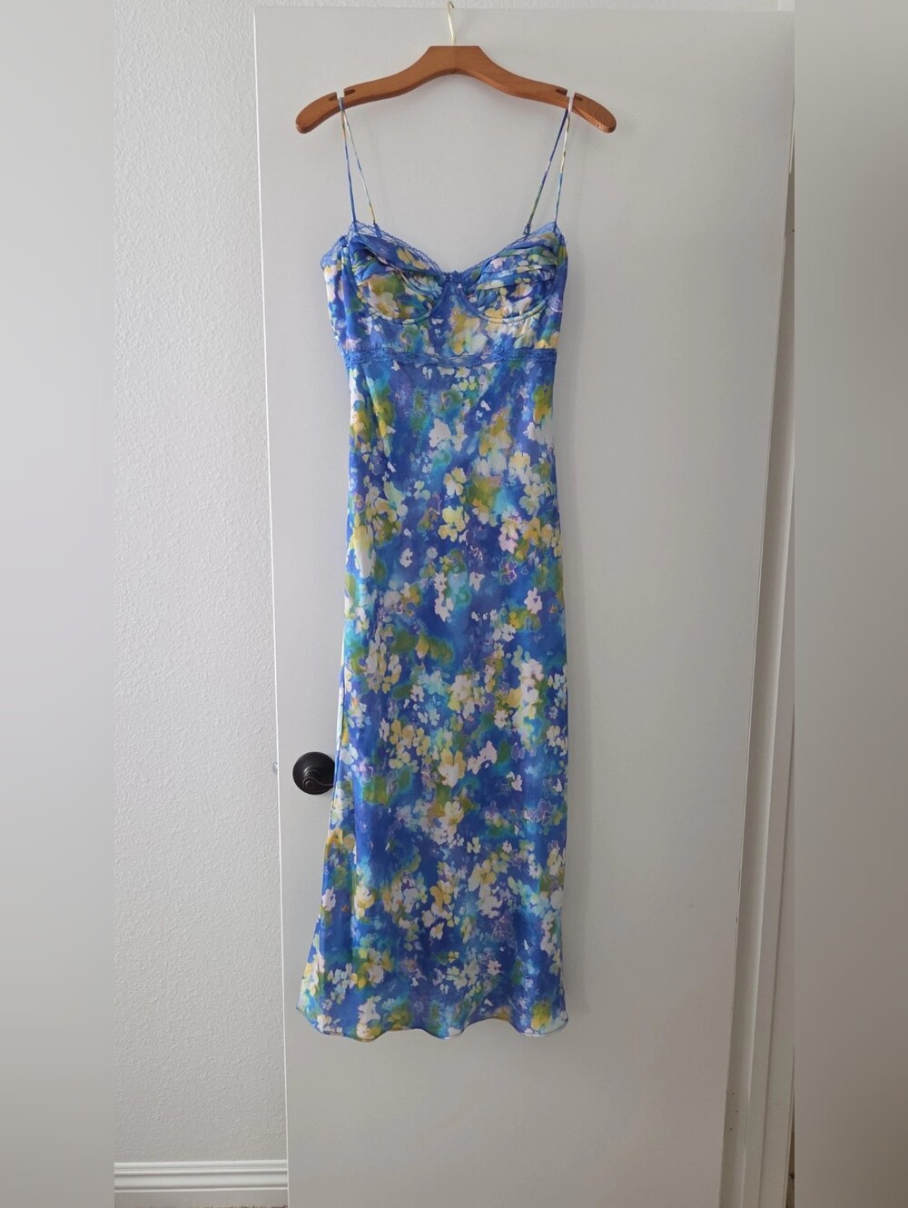 Astr The Label Blue & Yellow Floral Slip Dress with Spaghetti Straps